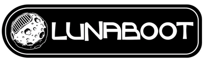 The logo for Lunaboot Studios, featuring bold font and a black and white moon with a boot print on it.